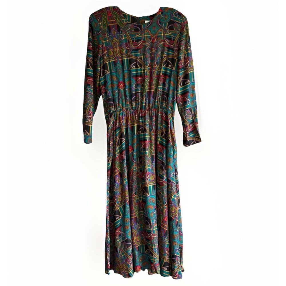 Vintage Bedford Fair Maxi Dress 80s Paisley Jewel-Tone Made‎ in USA Size 14